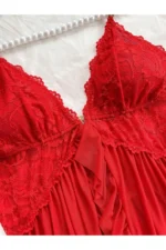 Women's V-Neck Red Lace Detail Lycra Tulle Camisole Nightgown with Matching Thong - Image 3
