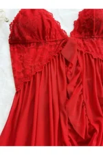 Women's V-Neck Red Lace Detail Lycra Tulle Camisole Nightgown with Matching Thong - Image 4