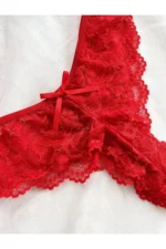 Women's V-Neck Red Lace Detail Lycra Tulle Camisole Nightgown with Matching Thong - Image 5