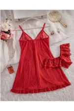Women's V-Neck Red Lace Detail Lycra Tulle Camisole Nightgown with Matching Thong - Image 6