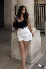 Women's White Lined Pleated Shorts Non-See-Through Shorts - Image 2