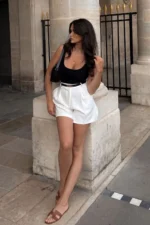 Women's White Lined Pleated Shorts Non-See-Through Shorts - Image 3