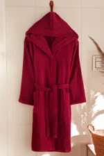 100% Cotton Burgundy Unisex Hooded Bathrobe - Soft, Quick-Dry & Durable Comfort