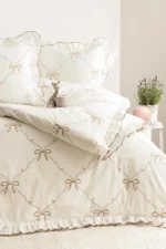 100% Cotton Double Duvet Cover Set – Premium Ruffle Bedding Set with Bow Tie Details