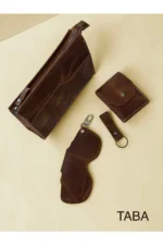 100% Genuine Crazy Horse Leather Men's Handbag Wallet Glasses Case and Keychain Set Tan