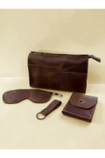 100% Genuine Crazy Horse Leather Men's Handbag Wallet Glasses Case and Keychain Set Tan - Image 2