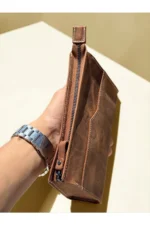 100% Genuine Crazy Horse Leather Men's Handbag Wallet Glasses Case and Keychain Set Tan - Image 4