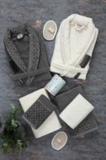 12-Piece Boxed Jacquard Anthracite-Cream Bathrobe & Towel Set - Bridal Bathroom Collection