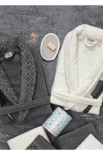 12-Piece Boxed Jacquard Anthracite-Cream Bathrobe & Towel Set - Bridal Bathroom Collection - Image 3