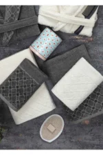 12-Piece Boxed Jacquard Anthracite-Cream Bathrobe & Towel Set - Bridal Bathroom Collection - Image 4