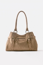 Pull & Bear Brown Buckle Tote Bag - Woven Fabric Shoulder Shopper for Women