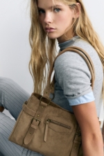 Pull & Bear Brown Buckle Tote Bag - Woven Fabric Shoulder Shopper for Women - Image 6