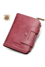 Women's Zippered Genuine Leather Wallet - Plum Vertical Purse with Card Slots