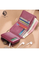 Women's Zippered Genuine Leather Wallet - Plum Vertical Purse with Card Slots - Image 2