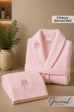 Rüya 2-Piece Embroidered Cotton Bathrobe & Towel Set - Pink 100% Cotton Bridal Trousseau