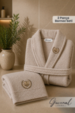 Rüya 2-Piece Embroidered Cotton Bathrobe & Towel Set - Brown 100% Cotton Bridal Trousseau