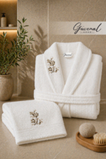 Rüya 2-Piece Embroidered Cotton Bathrobe & Towel Set - Cream 100% Cotton Bridal Trousseau