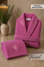 Rüya 2-Piece Embroidered Cotton Bathrobe & Towel Set - Plum 100% Cotton Bridal Trousseau