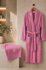 Rüya 2-Piece Embroidered Cotton Bathrobe & Towel Set - Plum 100% Cotton Bridal Trousseau - Image 2