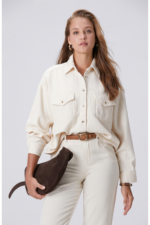Women's Off-White Lyocell Blend Denim Shirt - Belted Regular Fit Long Sleeve Overshirt