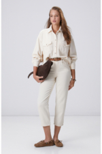 Women's Off-White Lyocell Blend Denim Shirt - Belted Regular Fit Long Sleeve Overshirt - Image 3