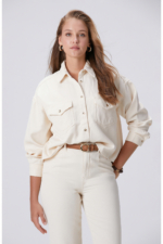 Women's Off-White Lyocell Blend Denim Shirt - Belted Regular Fit Long Sleeve Overshirt - Image 4