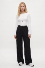 Rena Women's Black Belted Palazzo Trousers - High Waist Wide Leg Stretch Pants