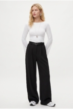 Rena Women's Black Belted Palazzo Trousers - High Waist Wide Leg Stretch Pants - Image 2