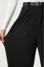 Rena Women's Black Belted Palazzo Trousers - High Waist Wide Leg Stretch Pants - Image 3