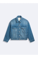 LTB Celia Women's Blue Oversize Denim Jacket - Long Sleeve Trucker Jacket with Print Detail
