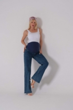Maternity Wide-Leg Jeans in Blue - Over-Bump Elastic Band High Waist Flared Denim Trousers - Image 2