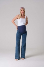 Maternity Wide-Leg Jeans in Blue - Over-Bump Elastic Band High Waist Flared Denim Trousers - Image 3