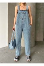 Maternity Denim Dungarees in Light Blue - Sleeveless Wide-Leg Overall Jumpsuit for Pregnancy - Image 2