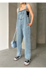 Maternity Denim Dungarees in Light Blue - Sleeveless Wide-Leg Overall Jumpsuit for Pregnancy - Image 3
