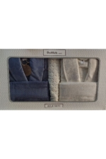 5-Piece Family Cotton Bathrobe & Towel Set - Cream / Indigo - Image 3