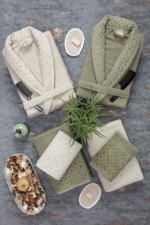 12-Piece Boxed Family Cotton Bathrobe & Towel Set - Green / Beige