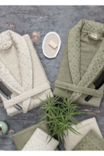 12-Piece Boxed Family Cotton Bathrobe & Towel Set - Green / Beige - Image 3