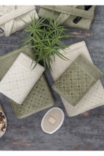 12-Piece Boxed Family Cotton Bathrobe & Towel Set - Green / Beige - Image 4