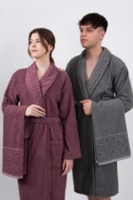 4-Piece Family Cotton Bathrobe & Towel Set - Grey