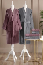 6-Piece Family Cotton Bathrobe & Towel Set - Plum / Anthracite