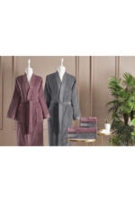 6-Piece Family Cotton Bathrobe & Towel Set - Plum / Anthracite - Image 3