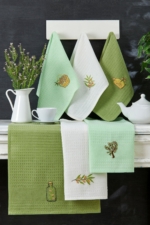6-Piece Kitchen Towel Set with Olive Embroidery - 40x60 cm Green Cotton-Blend Tea Towels