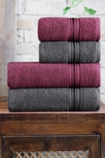 4-Piece Bath Towel Set in Plum & Anthracite - 70x140 cm Striped 100% Cotton Hammam Towels