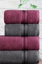 4-Piece Bath Towel Set in Plum & Anthracite - 70x140 cm Striped 100% Cotton Hammam Towels - Image 2