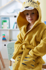 Kids Hooded Bathrobe with Tiger Design - Mustard Turkish Cotton Boys & Girls Bath Robe