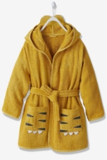 Kids Hooded Bathrobe with Tiger Design - Mustard Turkish Cotton Boys & Girls Bath Robe - Image 3
