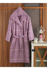 Lavender Hooded Bathrobe - Striped Turkish Cotton Unisex Midi Robe with Pockets - Image 2