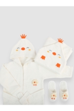 3-Piece Baby Bathrobe Set with Chick Embroidery - 100% Turkish Cotton Boxed 0-2 Years Bath Set