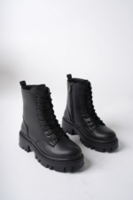 Women's Black Combat Boots - Faux Leather Lace-Up Side Zip Water-Resistant Ankle Boots