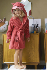 Kids Hooded Bathrobe with Cat Design - Pomegranate Pink Turkish Cotton Boys & Girls Bath Robe
